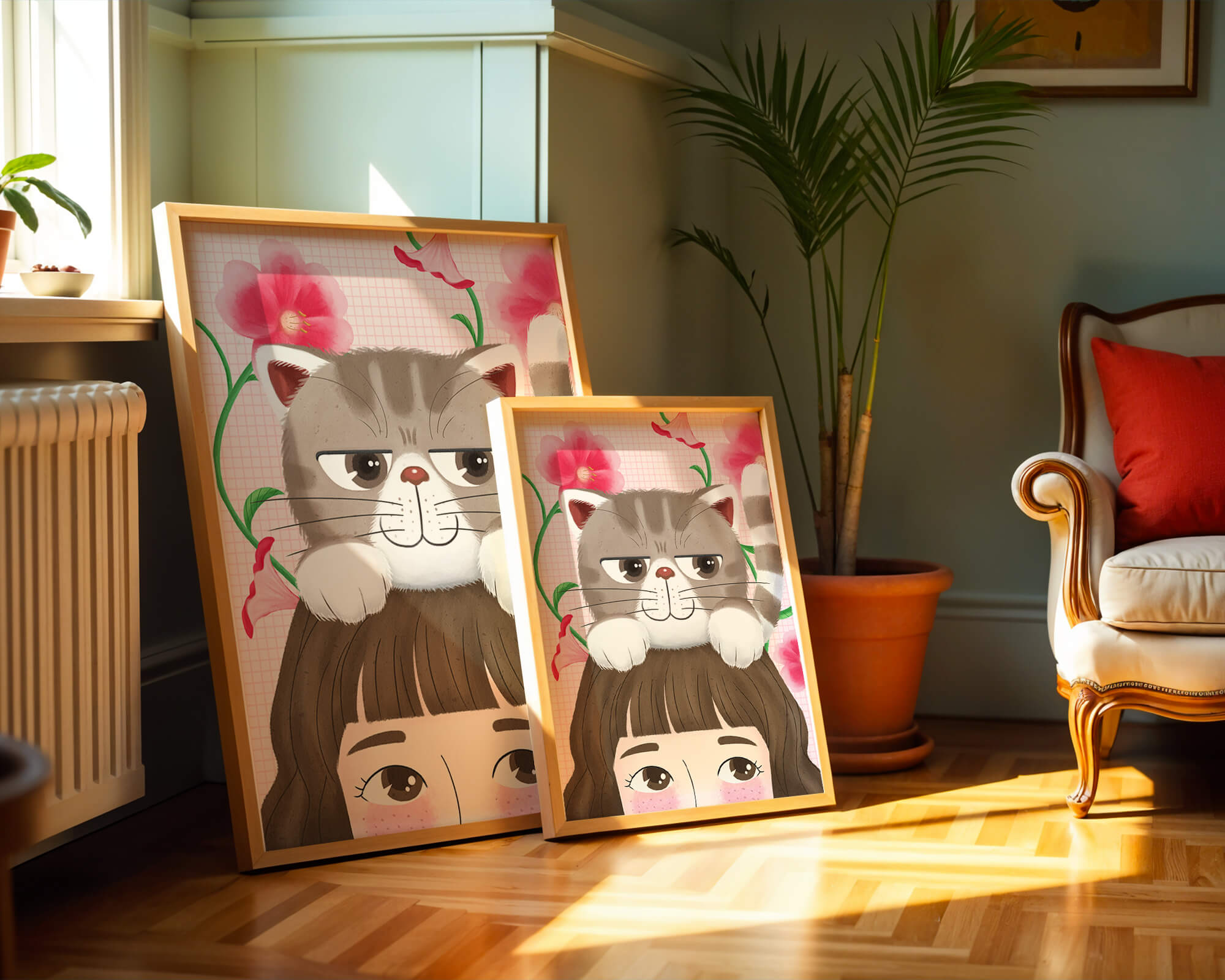 Illustration of a cat sitting on a person's head with pink flowers