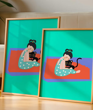 Gemütliche Illustration eines Mädchens, das eine Katze auf einer bunten Matte umarmt