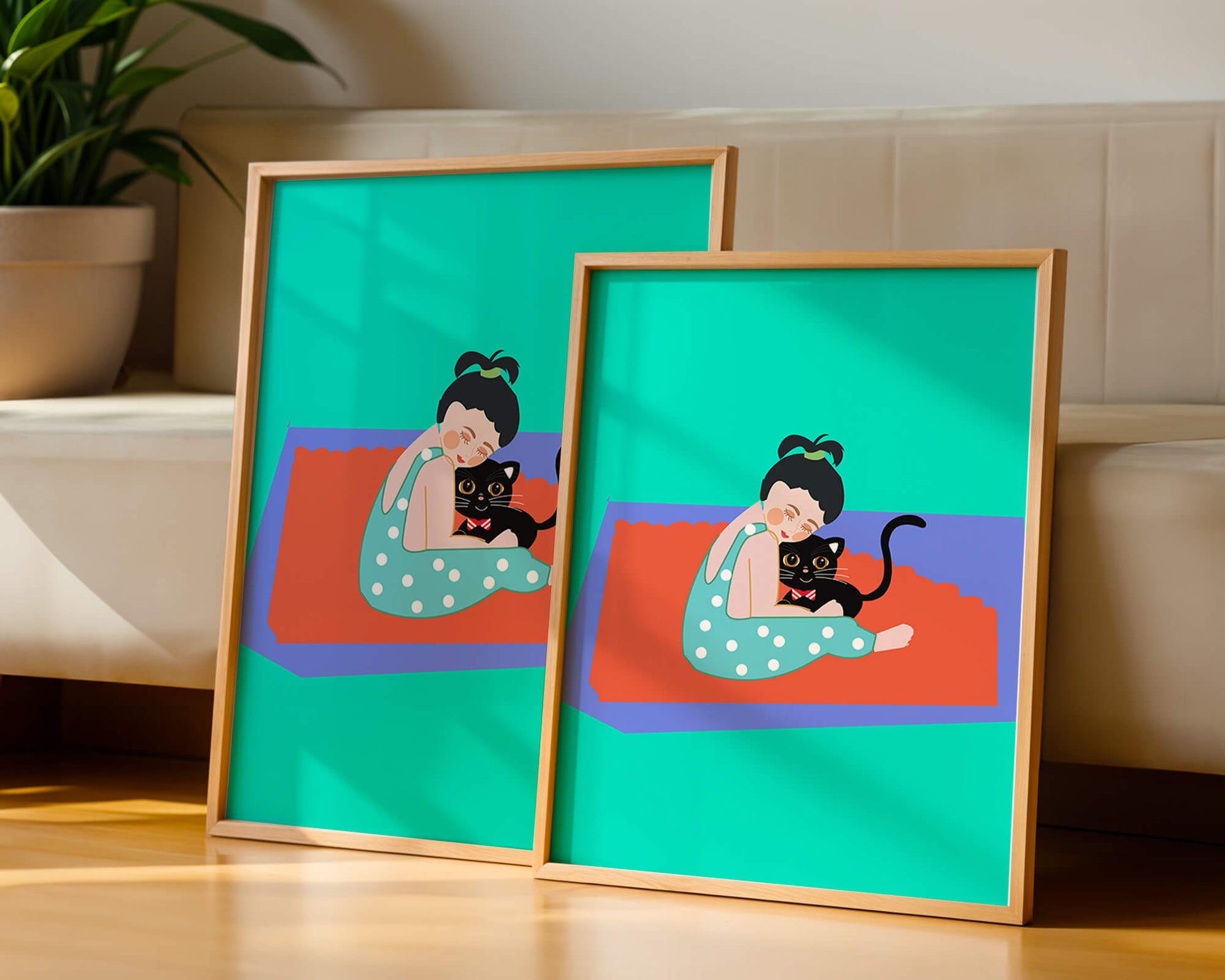 Gemütliche Illustration eines Mädchens, das eine Katze auf einer bunten Matte umarmt