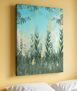 Serene Garden with Tall Green Leaves and Yellow Flowers Under Blue Sky