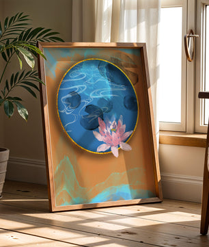 Abstrakte Seerosenkunst mit goldenen Akzenten auf blauem und orangefarbenem Hintergrund