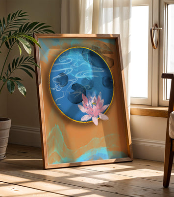 Abstract water lily art with gold accents on blue and orange background