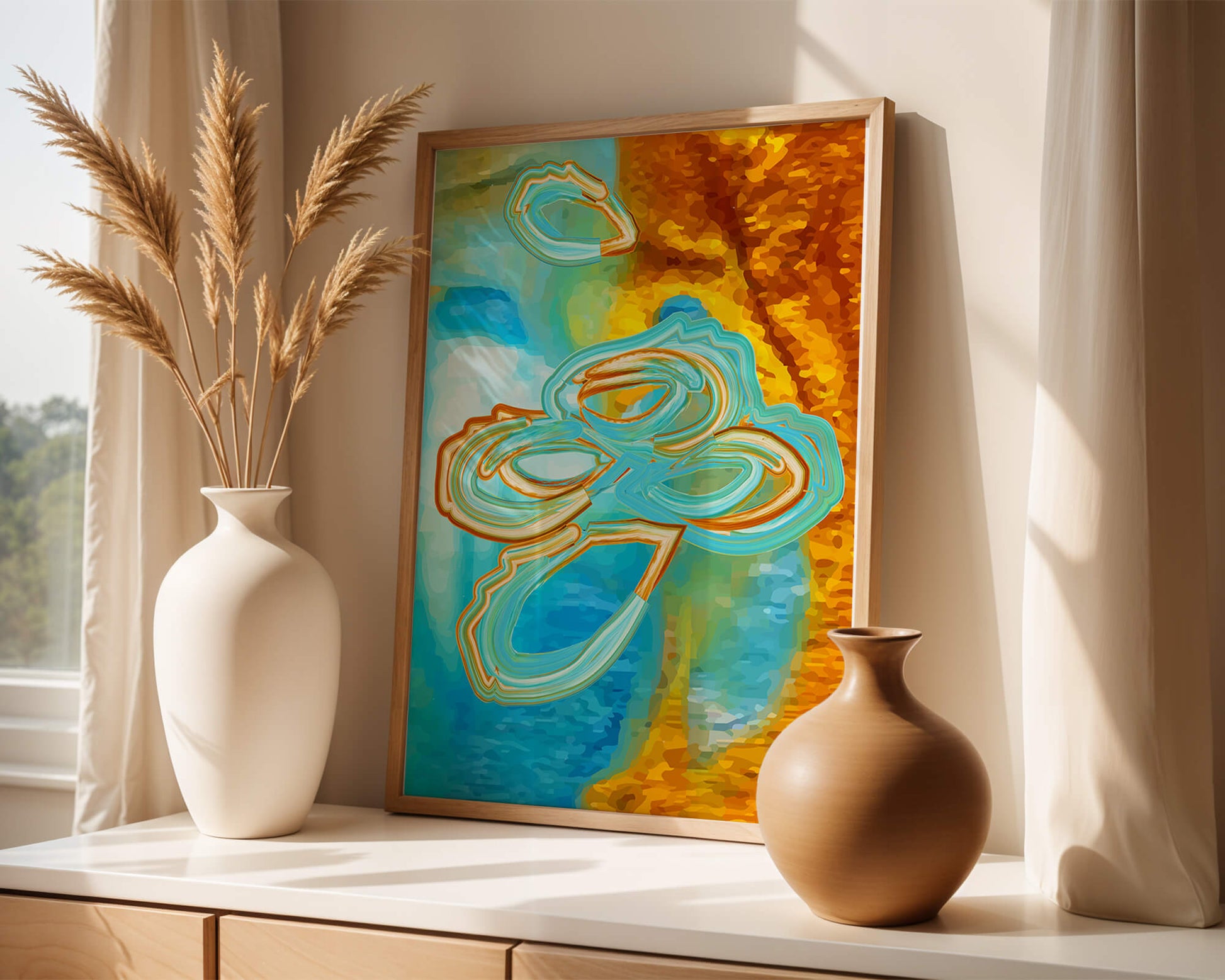 Abstract vibrant swirls in blue and orange colors