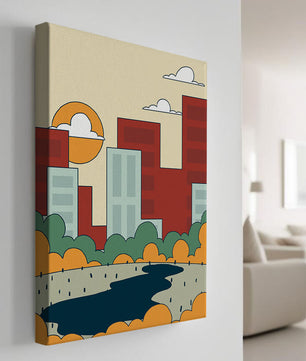 Cityscape At Sunset With Park And Lake