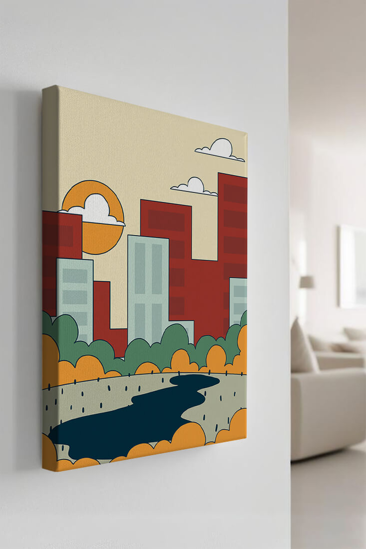 Cityscape At Sunset With Park And Lake