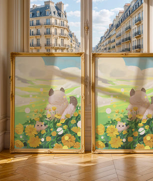 Whimsical Scene of Fluffy Cat and Kitten Among Yellow Flowers