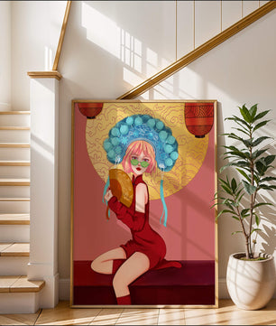 Elegante Illustration einer Frau in traditioneller Kleidung mit einem Fächer