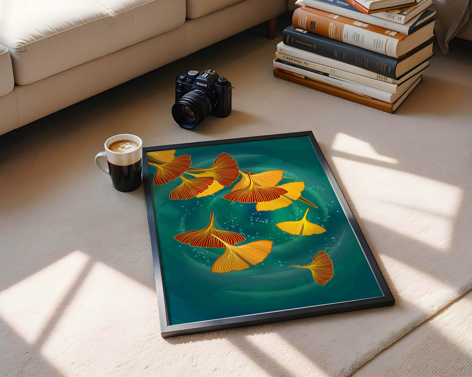 Stylized Ginkgo Leaves Floating on a Turquoise Background
