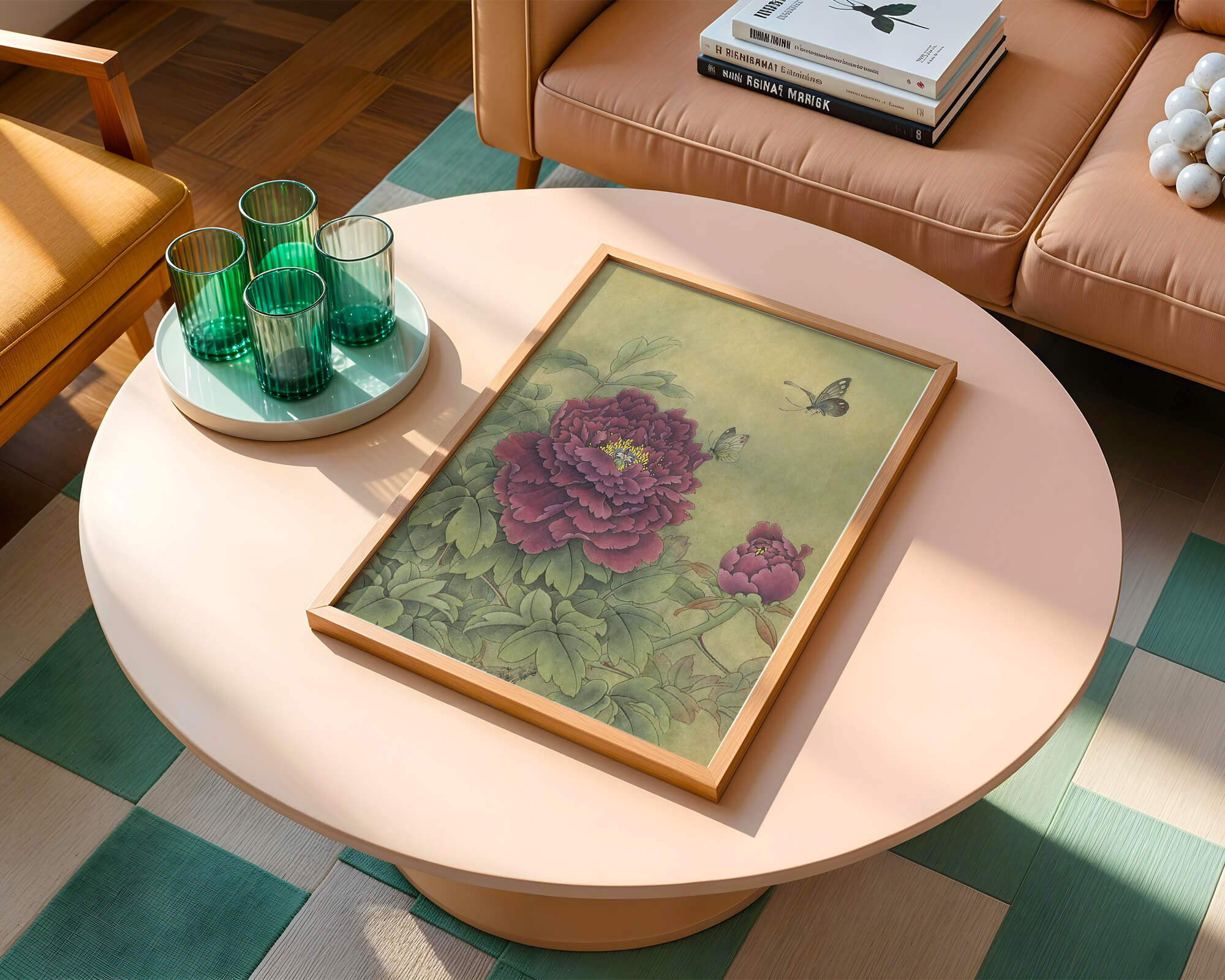 Delicate peonies with butterflies in a serene natural setting