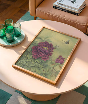 Delicate peonies with butterflies in a serene natural setting