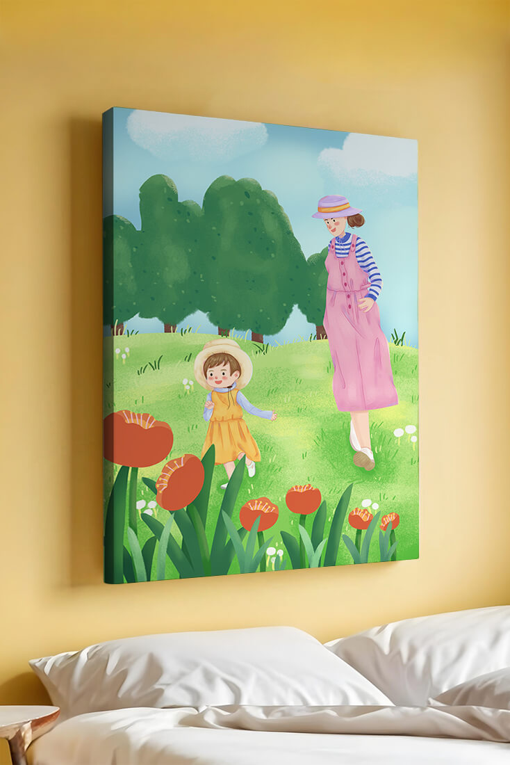 Mother and child in a floral garden under clear skies