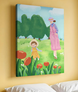 Mother and child in a floral garden under clear skies