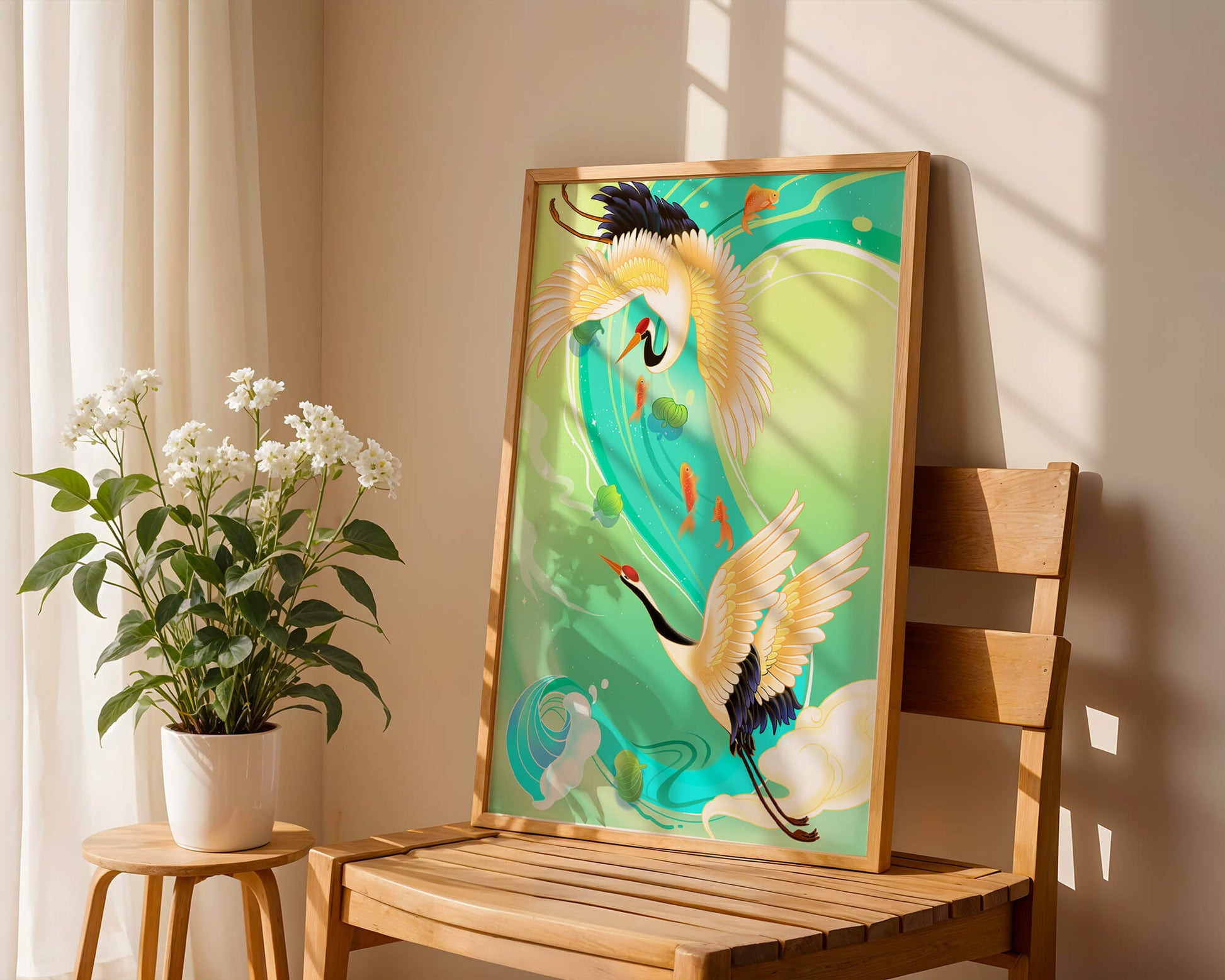 Elegante Kraniche und Fische in einer lebendigen Wasserszene