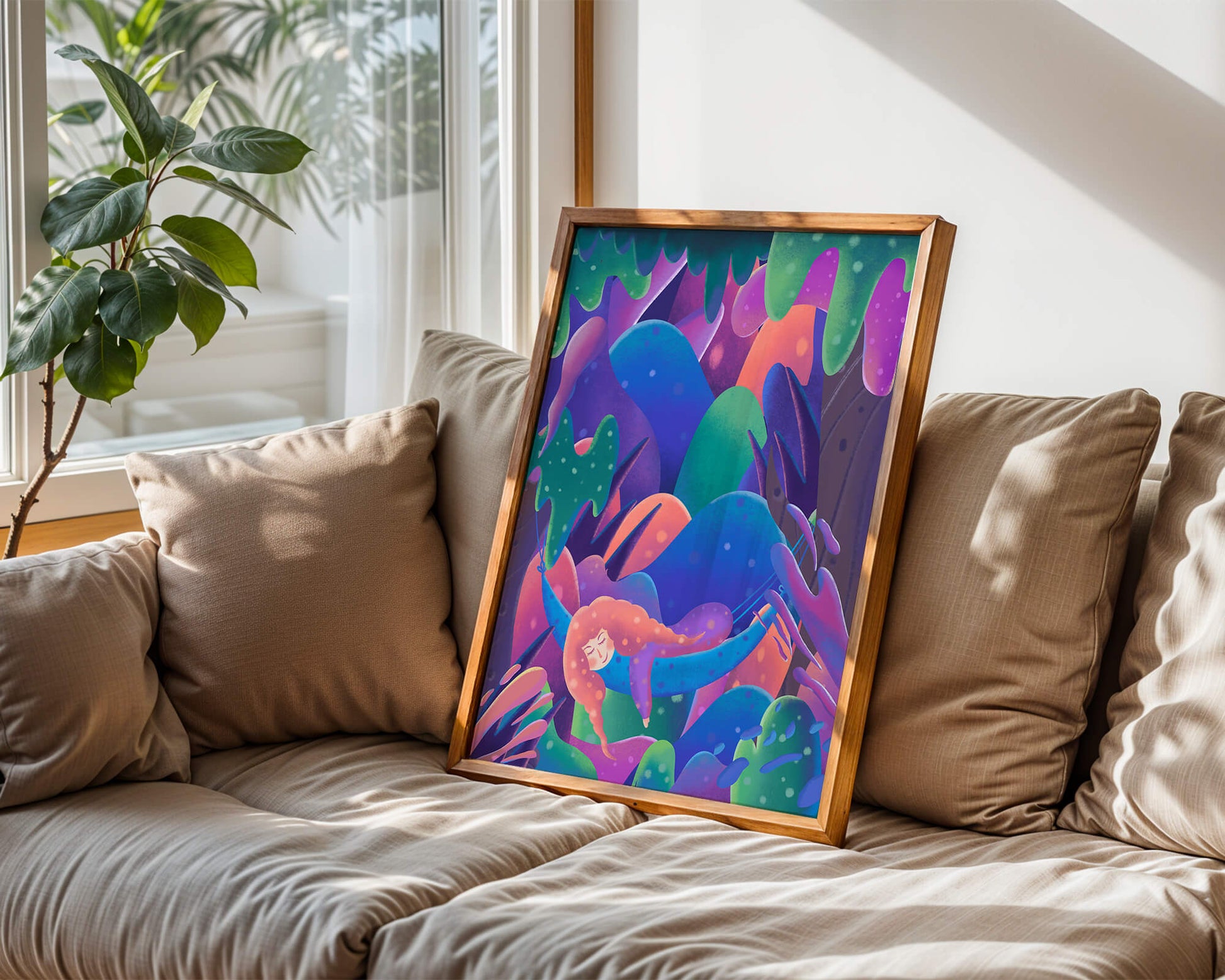 Selva surrealista onírica con mujer dormida