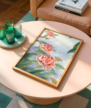 Illustrated pink carnations with green leaves in serene botanical art