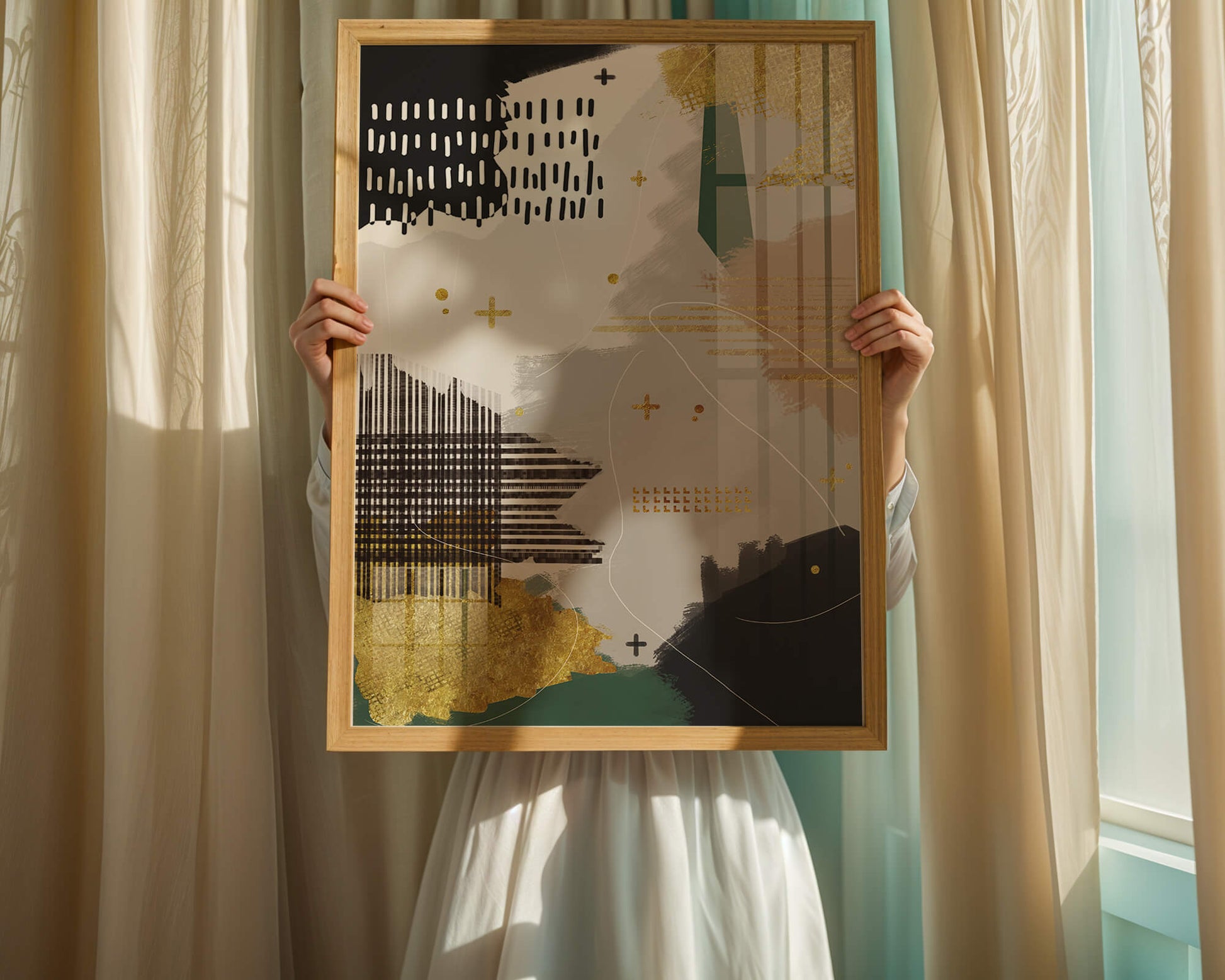 Abstract mixed media art with gold and geometric patterns