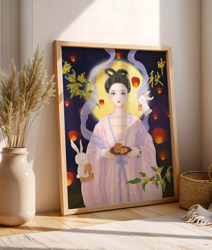 Mid-Autumn Festival Illustration with Moon Goddess and Rabbits