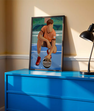 Ilustración de un jugador de baloncesto en la cancha en una pose dinámica