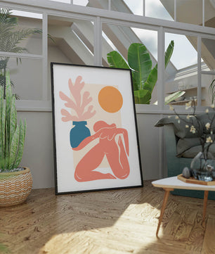 Figura desnuda abstracta con jarrón y sol en estilo minimalista