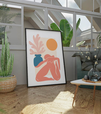 Abstract Nude Figure with Vase and Sun in Minimalist Style