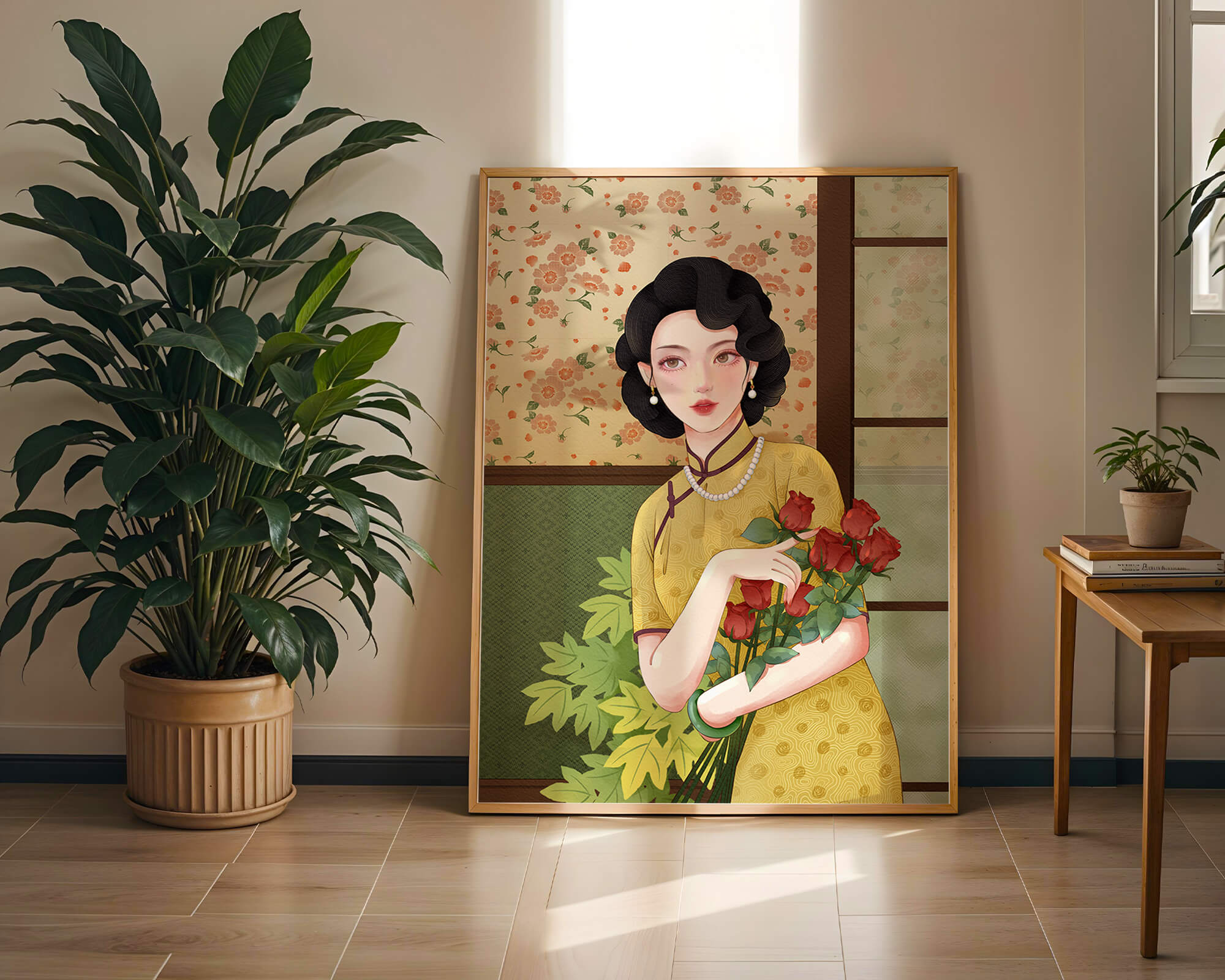 Elegant woman with floral backdrop holding a bouquet