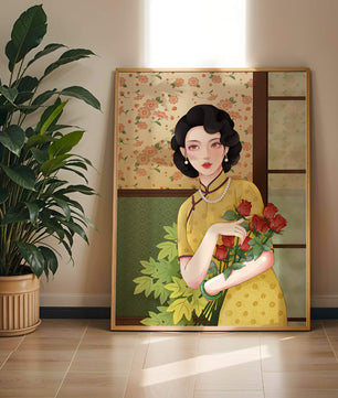Mujer elegante con fondo floral sosteniendo un ramo