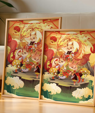 Fantastical scene with anthropomorphic animals and a dragon in a vibrant setting