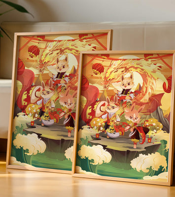 Fantastical scene with anthropomorphic animals and a dragon in a vibrant setting