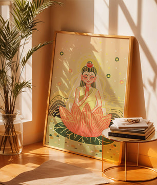 Heitere Illustration einer meditativen Figur auf einem Lotus mit himmlischem Hintergrund