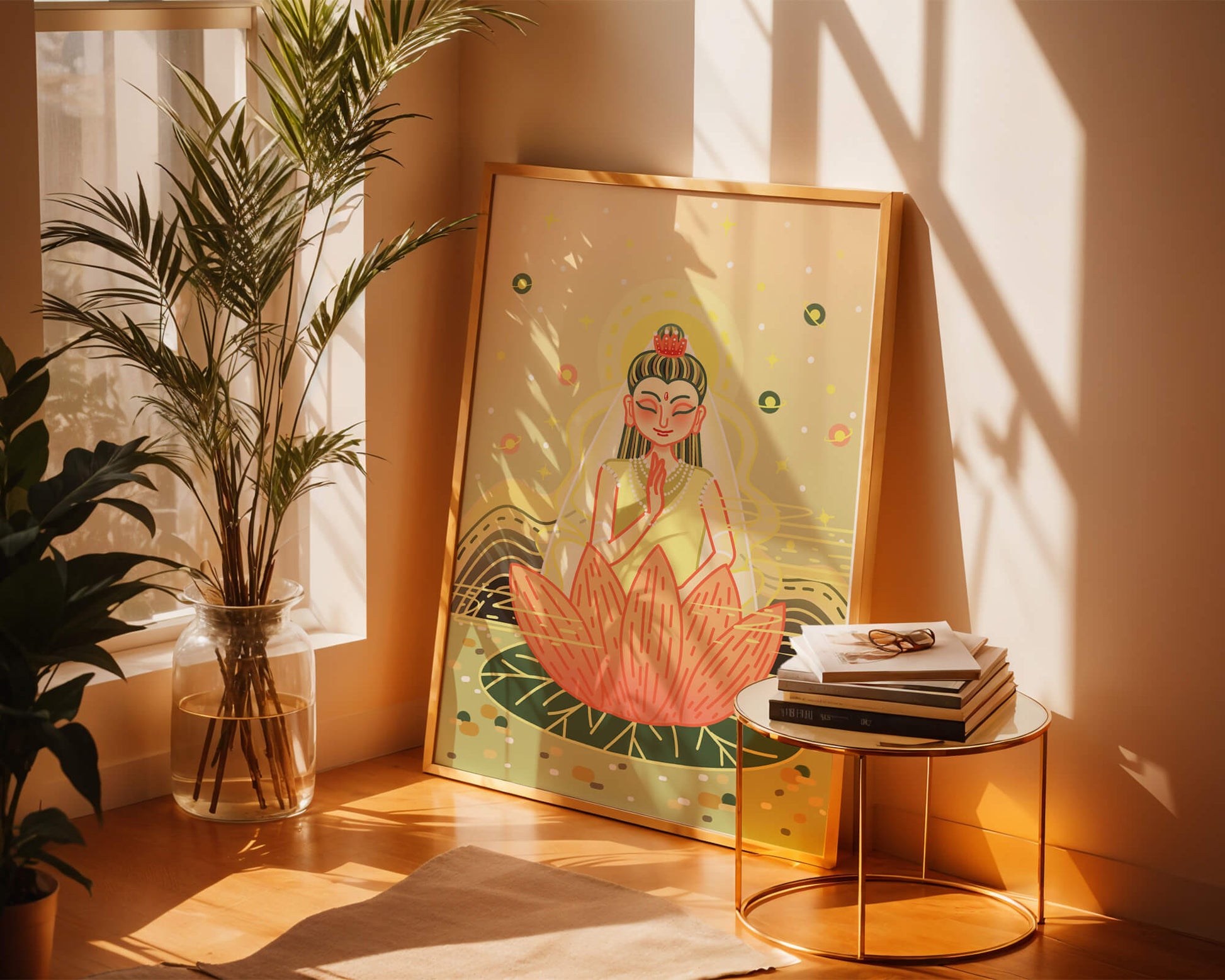 Serene illustration of meditative figure on a lotus with celestial background