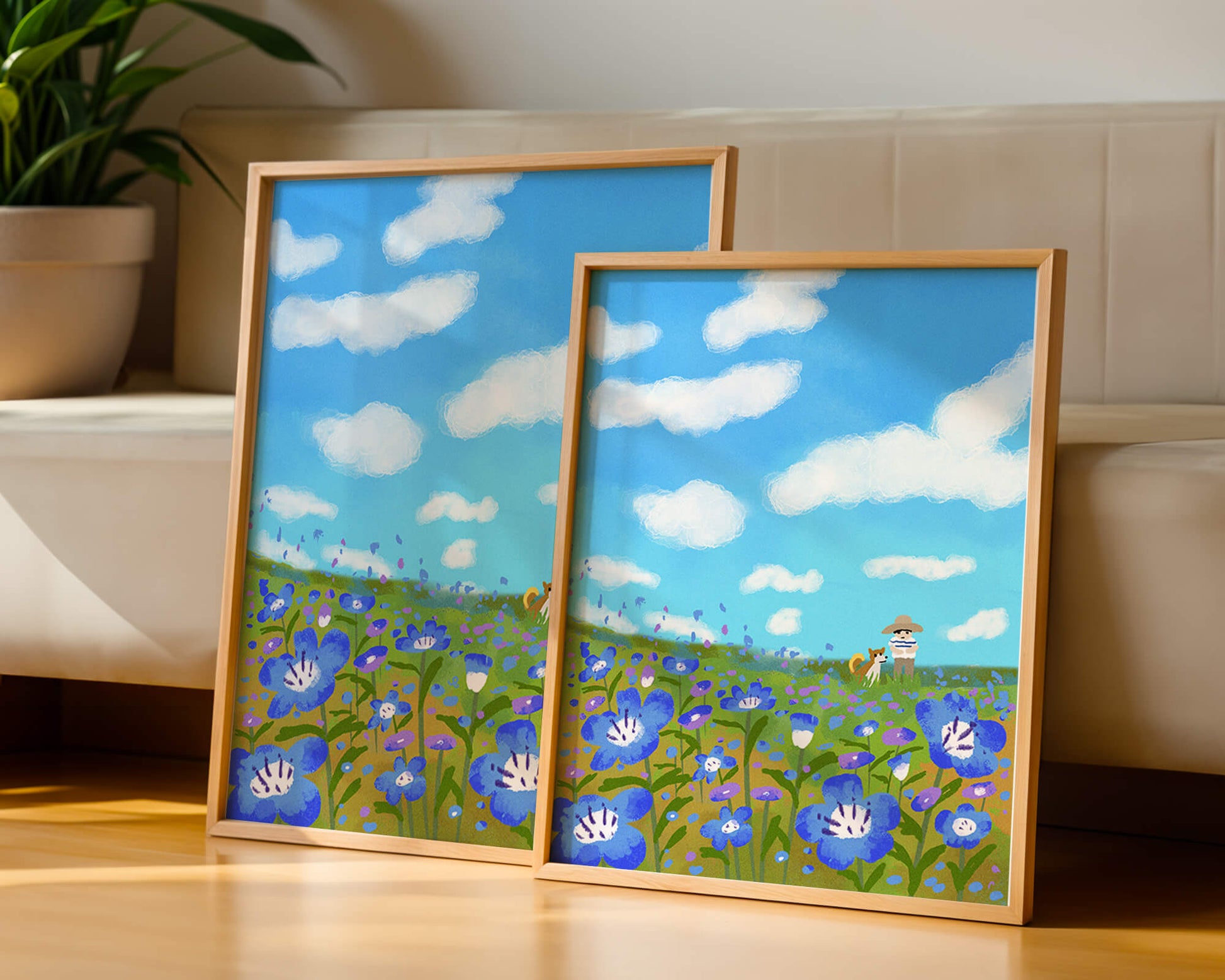 Man and dog in vibrant flower meadow under blue sky