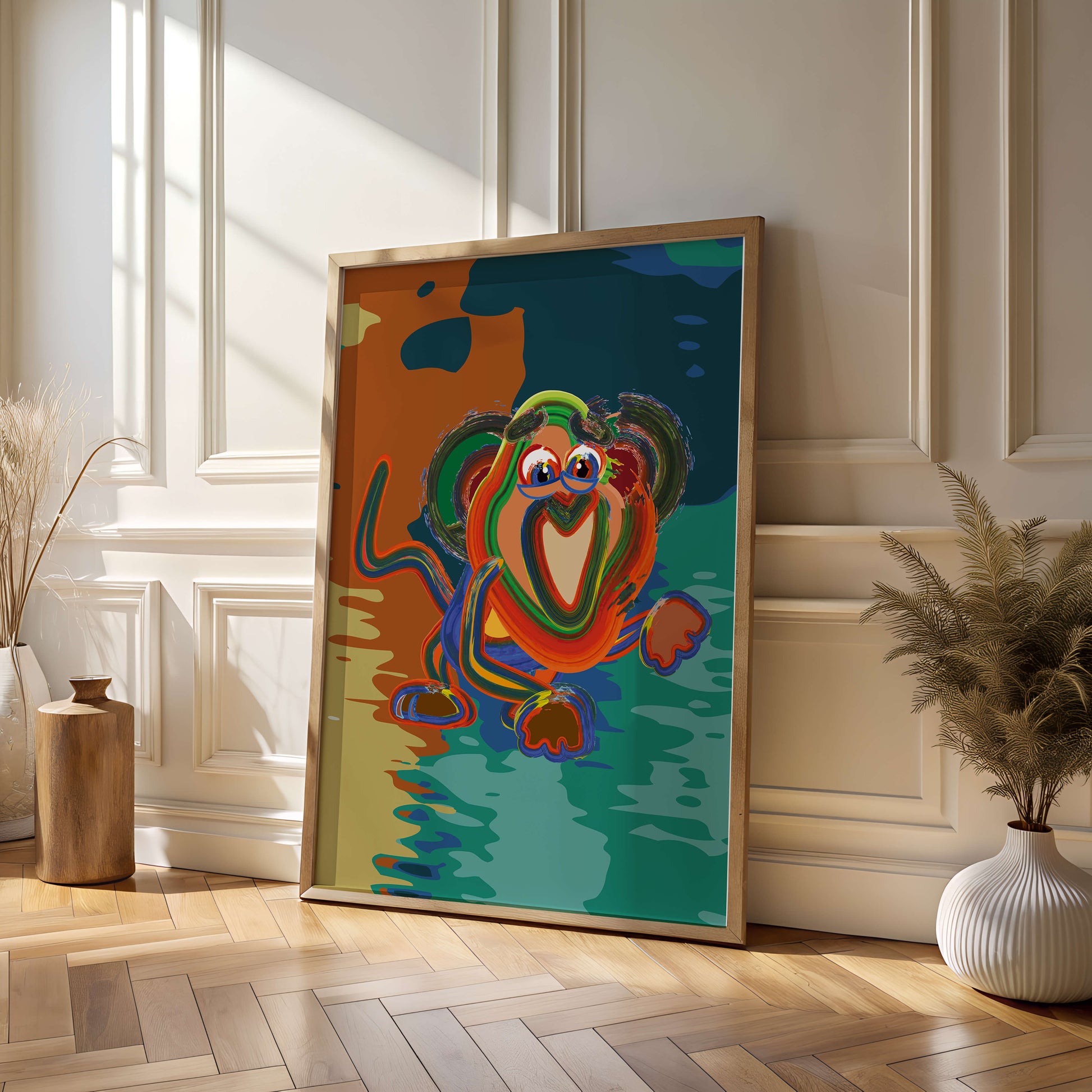 Ilustración abstracta y colorida de un mono con pinceladas audaces