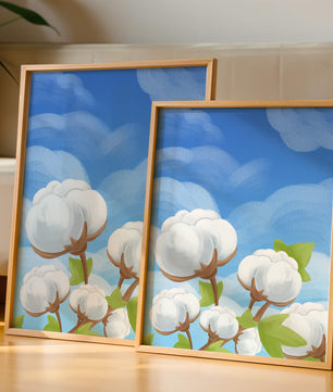 Künstlerische Illustration von Baumwollpflanzen vor einem klaren blauen Himmel