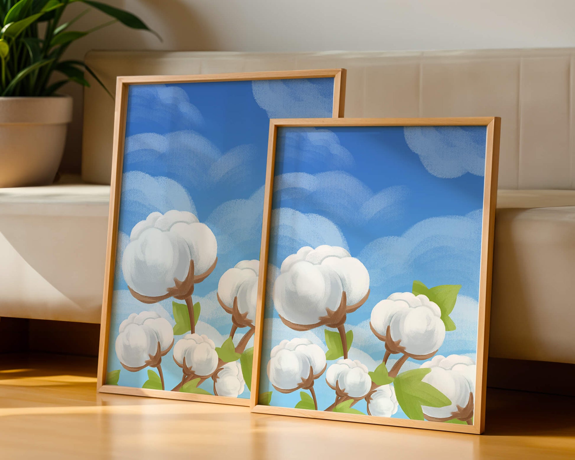 Künstlerische Illustration von Baumwollpflanzen vor einem klaren blauen Himmel