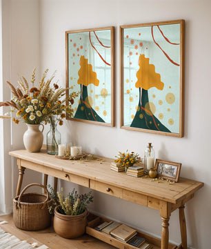 Abstract Portrait of a Woman with Flowing Golden Hair and Geometric Shapes - Mi tienda