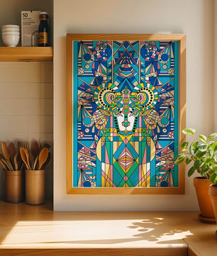 Diseño geométrico colorido de carnero con patrones simétricos