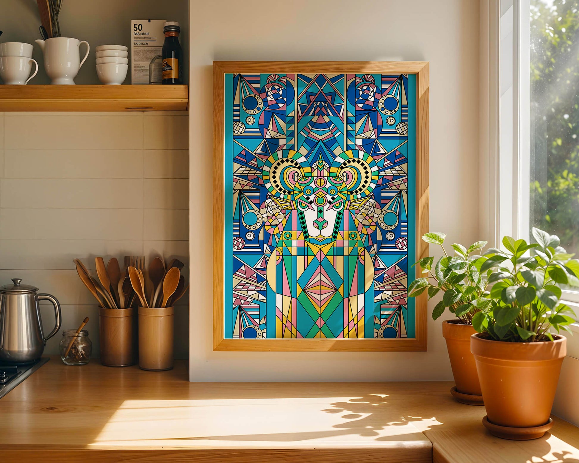 Diseño geométrico colorido de carnero con patrones simétricos