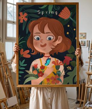 Ilustración primaveral encantadora con flores y mariposa