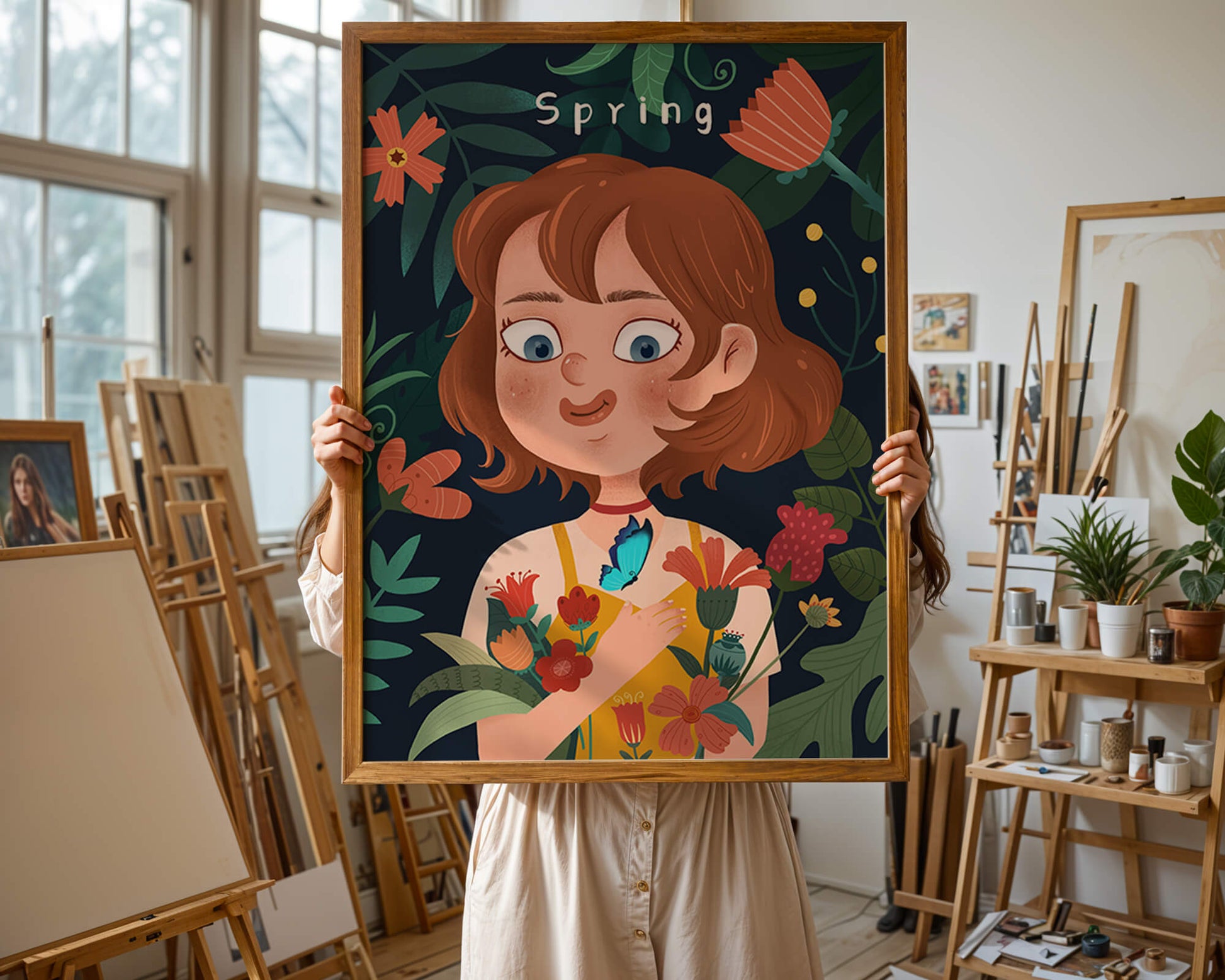 Ilustración primaveral encantadora con flores y mariposa