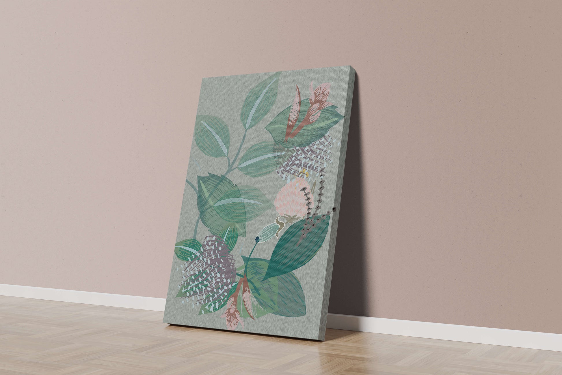 Floral botanical pattern with green leaves and delicate flowers