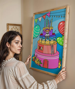Colorful birthday cake with teddy bear and festive decorations
