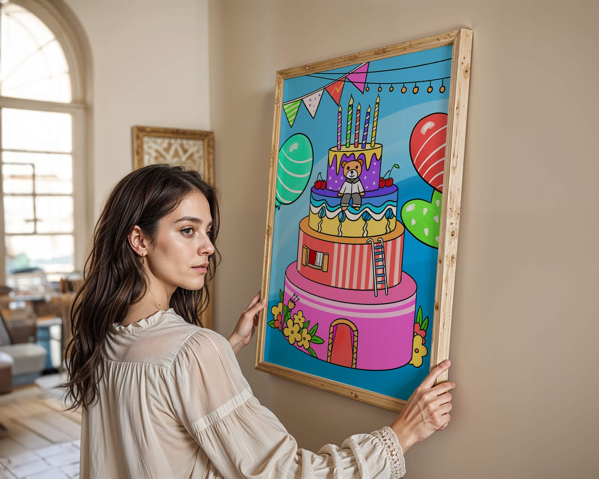 Colorful birthday cake with teddy bear and festive decorations