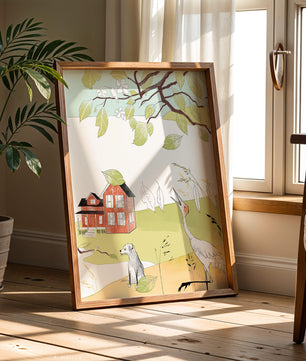Tranquil rural landscape illustration with house, dog, and crane