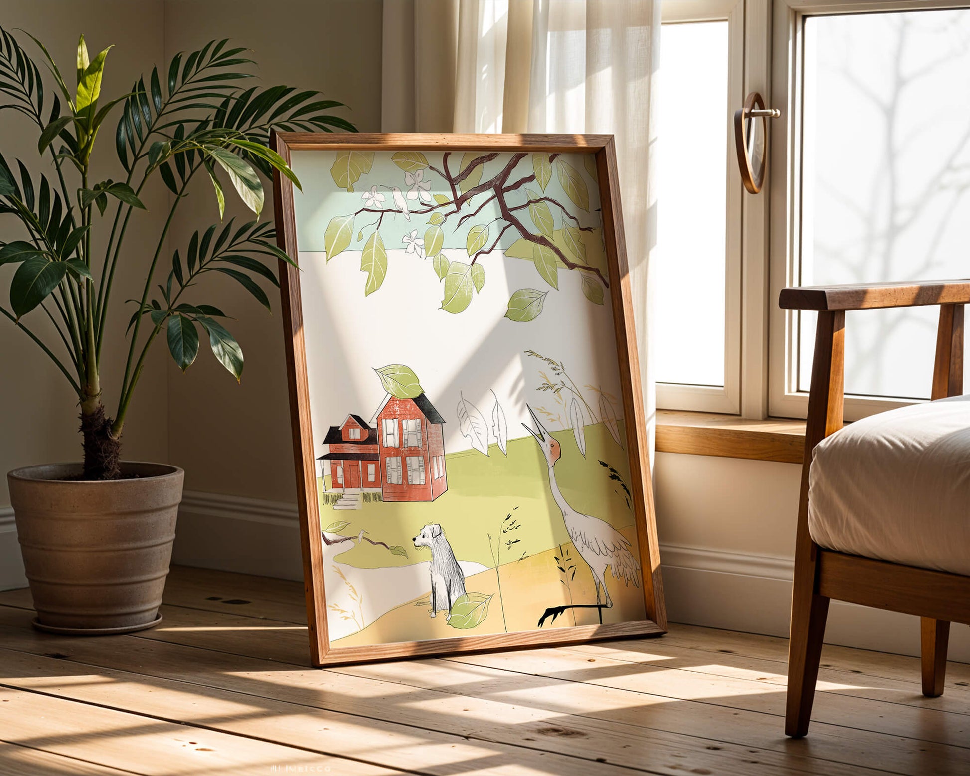 Tranquil rural landscape illustration with house, dog, and crane