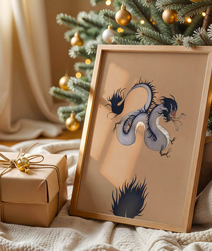 Illustration of a mystical dragon with fluid form on a beige background
