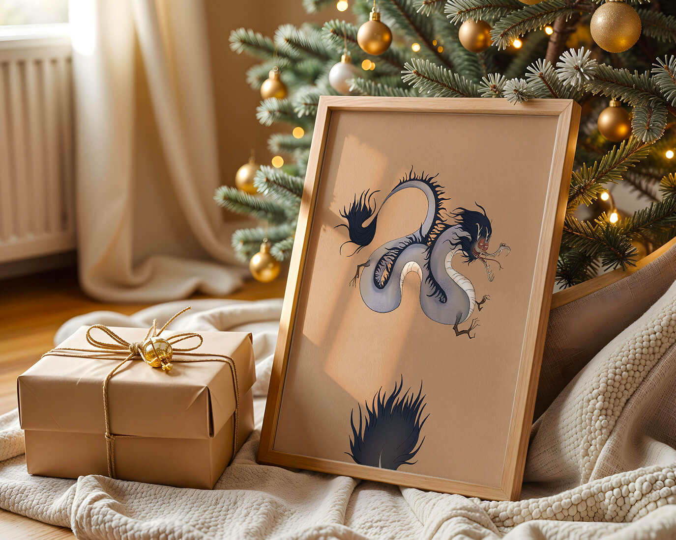 Illustration of a mystical dragon with fluid form on a beige background