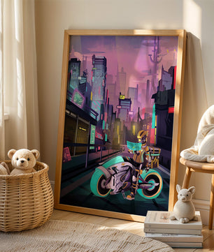 Futuristic Cyberpunk Cityscape with Neon Rider and Motorcycle