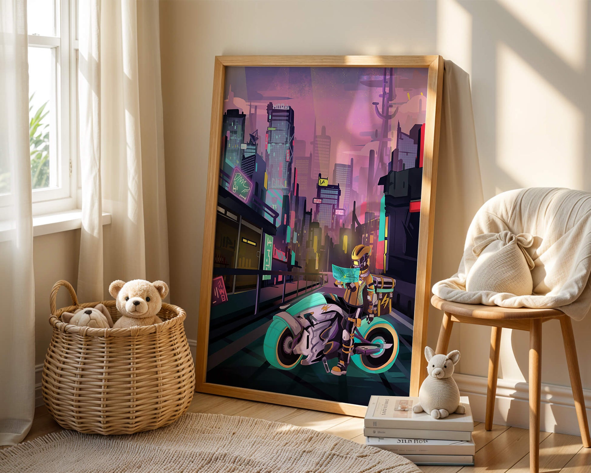 Futuristic Cyberpunk Cityscape with Neon Rider and Motorcycle
