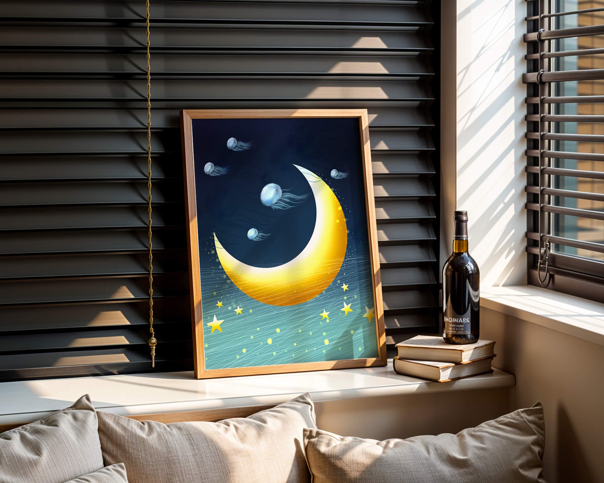 Night sky with golden crescent moon and jellyfish drifting