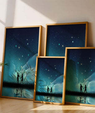 Pareja romántica paseando bajo la noche estrellada con reflejos celestiales